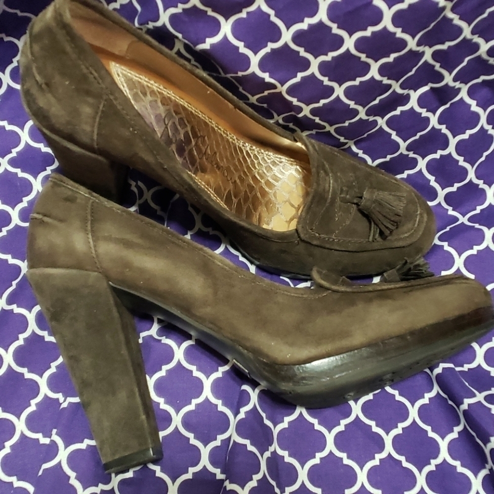 Sam Edelman brown leather heeled tassle loafer